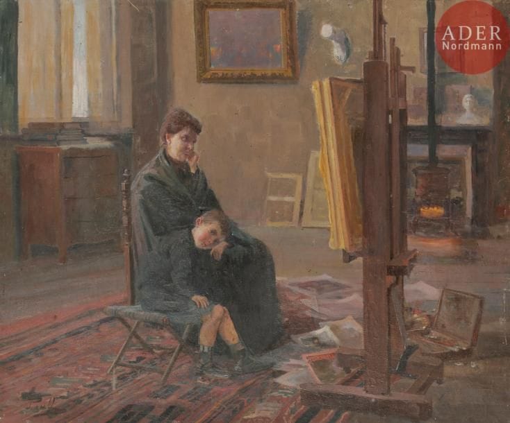 Elie - Anatole PAVIL (1873 - 1944)
Famille du peintre dans l’atelier
Huile sur toile.
Signée en bas à gauche.
46 x 56 cm
 Le petit garçon est le fils de l’artiste, Julien (1897 - 1952). Au vu de son âge, autour de 12 ans, ce tableau pourrait être daté entre 1907 - 1911.

Илья Анатольевич (Эли-Анатоль) ПАВИЛЬ (1873-1944)
Семейный портрет в мастерской
Холст, масло.
Подпись внизу слева.
46 х 56 см
На картине изображен мальчик, сын художника, Юлий (1897 - 1952). Учитывая его возраст - около 12 лет, можно предположить, что картина написана в период 1907 - 1911 гг.