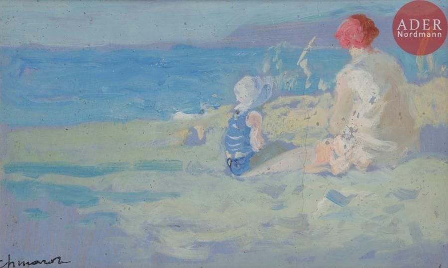 Paul CHMAROFF 
(Pavel Dmitrievitch CHMAROV) (1874 - 1950)
Femme et son enfant en bord de mer
Huile sur papier.
Signée Chmarov en bas à gauche.
11 x 18.5 cm

Павел Дмитриевич ШМАРОВ (1874 - 1950)
Мать с ребенком на берегу моря
Бумага, масло.
Подпись Chmarov внизу слева.
11 х 18.5 см