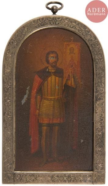 Pavel Akimovitch OVTCHINNIKOV (1830 - 1888) [firme de ]
Icône de Saint Alexandre Nevsky
Peinture sur zinc dans un cadre en argent gravé. Le fonds est en bois recouvert de velours bordeaux.
Poinçons : 84, Saint - Pétersbourg, 1896 - 1899, l’aigle de fournisseur de la Cour et
« П.ОВЧИННИКОВ » (Pavel Akimovitch Ovtchinnikov, l’un des meilleurs orfèvres russes). 
13,4 x 8,2 x 1,6 cm ; Poids du cadre en argent : 60 g
Accidents à la peinture.

Павел Акимович ОВЧИННИКОВ (1830 - 1888) [фирма]
Икона Святой благоверный князь Александр Невский
Написано на цинковой пластинке. Оборот покрыт бархатом цвета бордо.
В серебряной рамке с гравировкой.
Клейма : 84, Санкт-Петербург, 1896-1899, двуглавый орел поставщика Высочайшего Двора и «П.ОВЧИННИКОВ» 
13,4 х 8,2 х 1,6 см ; Вес серебряной рамки : 60 г
Повреждение красочного слоя.