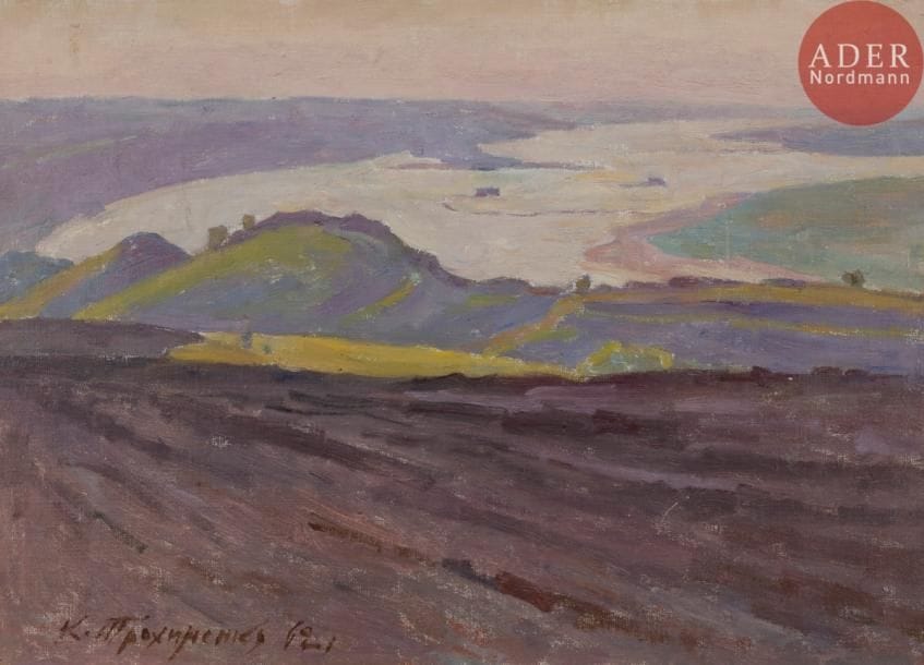 Karp Demianovitch TROKHIMENKO (1885 - 1979)
Rives du Dniepr. 1962
Huile sur toile marouflée sur carton.
Signée et datée en bas à gauche. Titrée au dos Les collines du Dniepr sur une étiquette française.
33 x 47,5 cm

Карп Демьянович ТРОХИМЕНКО (1885 - 1979)
Берега Днепра. 1962
Холст, наклеенный на картон, масло.
Подпись и дата внизу слева. На обороте наклейка с надписью Les collines du Dniepr по-французски.
33 х 47,5 см