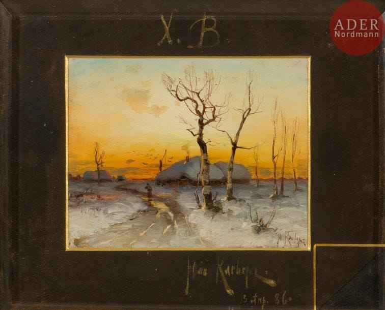 Yuly Yulevitch KLEVER (1850 - 1924)
Paysage d’hiver, 1886
Huile sur papier ?
Signée en bas à droite
10 x 12 cm à vue pour la peinture, 16 x19,5 cm à vue avec le passe – partout

Dans la partie supérieure du passe - partout les deux lettres « Х. В. » (initiales signifiant Le Christ est ressuscité) et en bas à droite sous la signature de Klever, la date de Pâques 13 avril 1886 (dans le calendrier julien). Le coin droit inférieur corné est une convention pour exprimer des condoléances ce qui est confirmé par la couleur noire du passe - partout. Ce petit tableau a servi très certainement à Klever pour exprimer sa sympathie à l’occasion d’un décès survenu pendant la période de Pâques, soit parmi ses proches, soit parmi ses commanditaires importants.

Юлий Юльевич КЛЕВЕР (1850-1924)
Зимний пейзаж, 1886
Холст, наклеенный на картон (?), масло.
Подпись внизу справа
10 х 12 см, 16 x19,5 см вместе с паспарту.
Над изображением посередине верхней полосы паспарту « Х. В.» и внизу справа под подписью Ю. Ю. Клевера дата Великого праздника Пасхи 13 апреля 1886 г. Сгиб правого нижнего угла визитной карточки - знак соболезнования, что и подчеркивает черный цвет паспарту.. Этой маленькой картиной Ю. Ю. Клевер, вероятно, выразил соболезнование родному человеку или важному заказчику по случаю кончины близкого во время пасхальных торжеств.