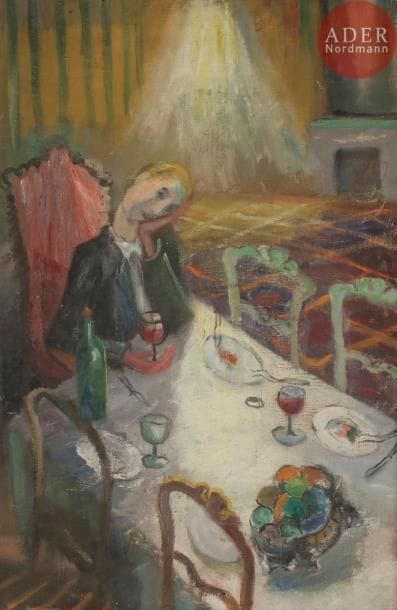 Sabine ZLATIN dite YANKA (1907 - 1996)
Personnage attablé
Huile sur toile.
Signée en haut à droite.
81 x 54 cm

Сабина ЗЛАТИН псед. ЯНКА (1907 - 1996)
За столом
Холст, масло.
Подпись наверху справа.
81 х 54 см