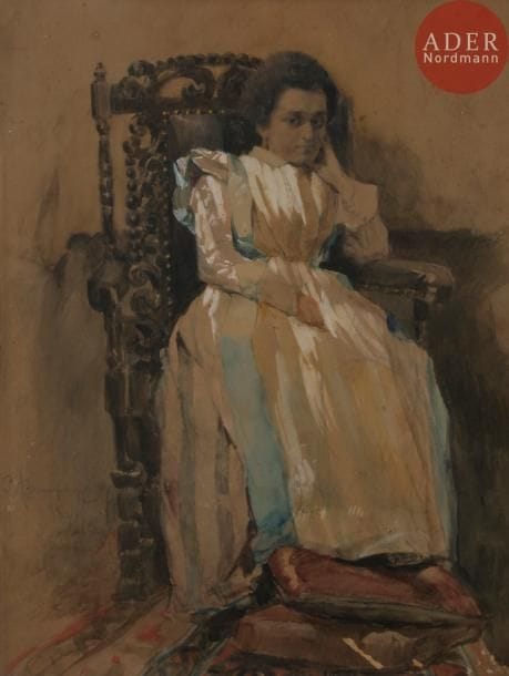 Sergueï Arsenievitch VINOGRADOV (1869 - 1938)
Femme au fauteuil. 1898
Fusain, aquarelle, mine de plomb et rehaut de gouache sur carton.
Signé et daté en bas à gauche.
Au dos, porte une étiquette à l’encre « Antibes » (fusin) K. Alexandroff, 18 route Nationale Antibes
45 x 35 cm

 Ce portrait appartenait très vraisemblablement à K. A. Alexandroff, peintre qui a vécu à Antibes avant son expulsion de France en 1948 pour ses activités pro - soviétiques. Il pourrait s’agir du portrait d’un membre de sa famille.

Сергей Арсеньевич ВИНОГРАДОВ (1869 - 1938)
Дама в кресле. 1898
Картон, жирный карандаш, графитный карандаш, акварель, гуашь.
Подпись и дата слева.
На обороте ярлык чернилами: « Antibes » (fusin) K. Alexandroff, 18 route Nationale Antibes (Антиб, жирный карандаш К. Александров, 18 дорога Националь Антиб)
45 х 35 см
Вероятно, портрет принадлежал художнику К. А. Александрову. Александров был в 1946 секретарем отдела Союза советских патриотов (ССП) в Антибе (деп. Приморские Альпы), членом Центрального правления Союза советских граждан (1947). Участник групповой выставки русских художников, организованной этим Союзом (1947). В 1948 был выслан французскими властями из страны. Может быть, портрет члена его семьи.