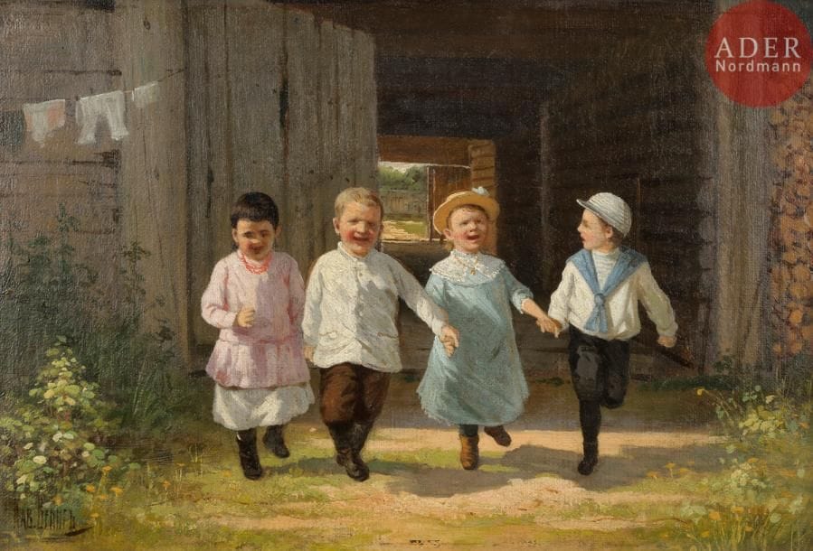 Pavel Karlovitch WENIG (1870 - 1942)
Enfants
Huile sur isorel.
Signée en bas à gauche.
23 x 34,5 cm

Павел Карлович ВЕНИГ (1870 - 1942)
Дети
Оргалит, масло.
Подпись внизу слева.
23 х 34,5 см