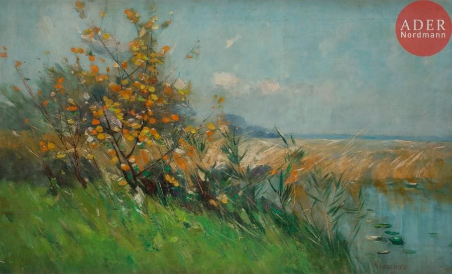 Karl HAGEMEISTER (1848-1933)
Bord de rivière, 1895
Huile sur toile.
Signée et datée en bas à droite.
(Rentoilée, petits manques).
71 x 114 cm
