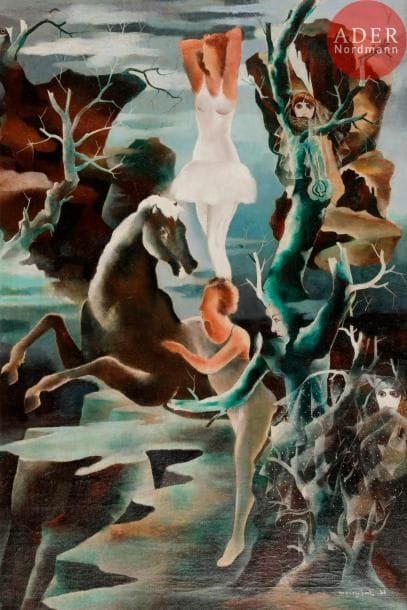 Jean MAREMBERT (1900-1968)
Lande mystérieuse avec écuyère, 1938
Huile sur toile.
Signée et datée en bas à droite.
Signée au dos.
(Petites restaurations).
92 x 62 cm

Provenance : 
Galerie J-C. Riedel, Paris. 

Cette œuvre sera incluse dans le Catalogue Raisonné de Jean Marembert en cours de préparation par Monsieur Axel de Heeckeren.