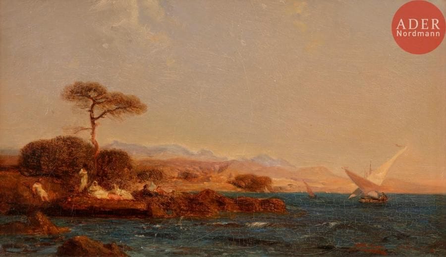 Félix ZIEM (1821-1911) (Attribué à)
Orientaux en bord de mer, 1865
Huile sur toile.
Signée et datée en bas à droite.
Datée à la plume au dos sur le châssis.
(Petites restaurations).
17 x 29 cm
