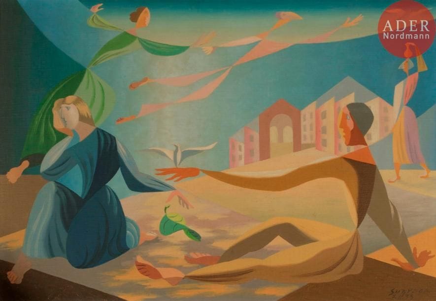 Léopold SURVAGE (1879-1968)
La Colombe, 1939
Huile sur toile.
Signée et datée en bas à droite.
33 x 46 cm
