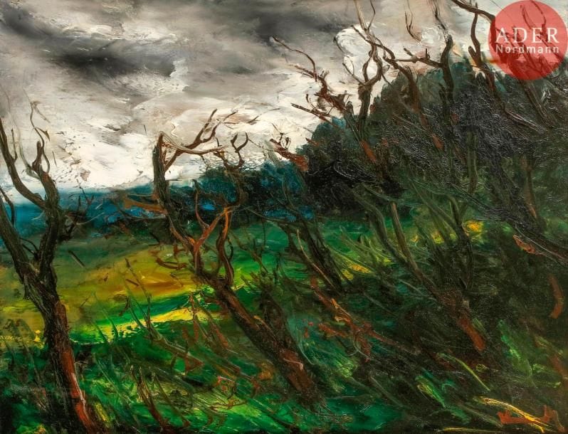 Maurice de VLAMINCK (1876-1958)
Paysage orageux
Huile sur toile.
Signée en bas à droite.
50 x 65 cm

Provenance :
- Galerie de l’élysée, Paris (étiquette au dos).
- Gombaud Saintonge, acquis à la Galerie de l'Elysée, le 25 septembre 1953.
- Vente Drouot Montaigne, Paris, 15 juin 1990, n°70 (illustré).
- Collection particulière, Villiers Le Bel.
- Collection particulière, Sens.

Exposition :
Fukushima, Musée Préfectoral d'Art Fukushima, Maurice de Vlaminck, 2 novembre - 8 décembre 1996, n°79 (illustré). Exposition itinérante: Shimane, Musée Préfectoral de Shimane, 10 janvier - 9 février 1997; Osaka, Musée Daiimaru d'Umeda, 19-31 mars, 1997; Tokyo, Musée des Beaux-Arts Bunkamura, 12 avril - 18 mai 1997.

Cette œuvre sera incluse dans la Digital Database de Maurice de Vlaminck actuellement en préparation sous l’égide du Wildenstein Plattner Institute Inc.