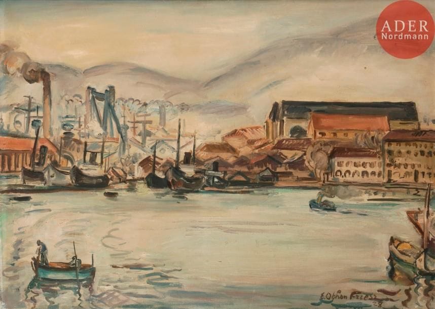 émile-Othon FRIESZ (1879-1949)
Port de Toulon, 1928
Huile sur toile.
Signée et datée en bas à droite.
Datée et titrée au dos.
46 x 65 cm

Provenance : 
Collection particulière, Paris.