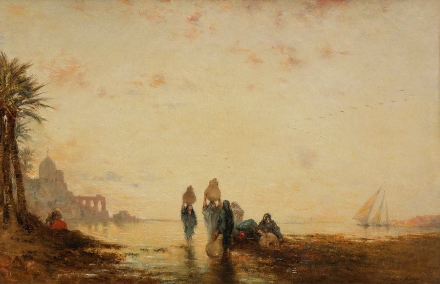 Narcisse BERCHERE (1819-1891)
Femmes au retour de la Kasbah
Huile sur panneau.
Signée en bas à droite.
32 x 48 cm