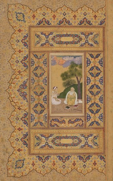 Un saint homme et musicien, Inde du Nord moghole, fin XVIIe siècle
Miniature remontée sur une enluminure persane, c. 1600. Le sage à la barbe blanche, vêtu d’un manteau jaune drapé d’un châle blanc, écoute un musicien de tambura assis à côté de lui. Ciel d’or et nuageux.
Dim. page : 31,3 x 19,5 cm ; dim. miniature : 10 x 5 cm
Provenance : ancienne collection Rothschild.
Rep. : T. Falk, « Rothschild Collection of Mughal Miniatures » in Persian and Mughal Art, Colnagi & ltd, Avril-May, 1976, n°108.

A holy man and musician, North India, late 18th century