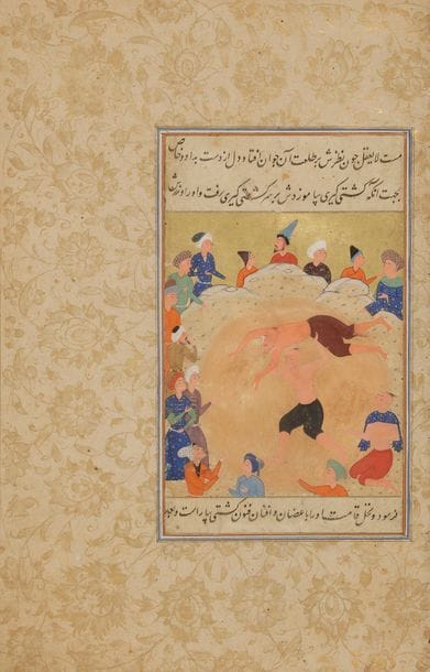 Voir l’entête lot 102

Scène de lutte
Les lutteurs sont au centre d’un cercle de spectateurs dans un paysage.
Illustre une scène de lutte citée dans le Kahanz al-haqâyyeq / le trésor de Vérités du Sheikh Mahmumd Shabestari (680 / 1288 – 740 / 1339).
Dim. miniature : 10,5 x 9 cm

A page from the Majalis al-Ushshaq of Husayn Gazurgahi, Safavid Iran, 16th century. Two wrestlers