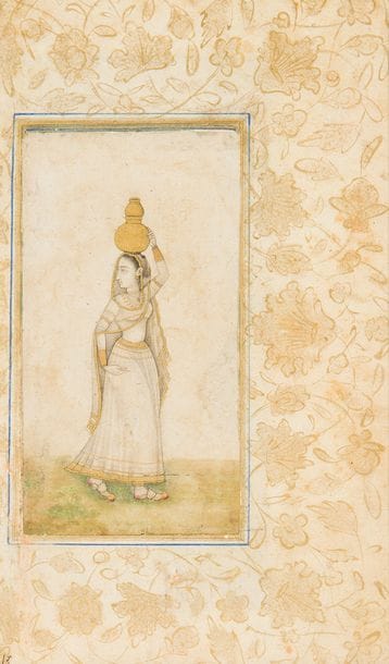 Jeune femme au lota, Inde du Nord, première moitié du XIXe siècle
Dessin rehaussé d’or et vert présentant une jeune femme, porteuse de deux lota. Remonté sur page d’album à marges écrues de rinceaux dorés.
Dim. dessin : 12,5 x 6,5 cm ; marges : 19,7 x 12 cm
État : mouillures et usure du papier. Cadre doré.

Lady with a lota, North India, first half 19th century