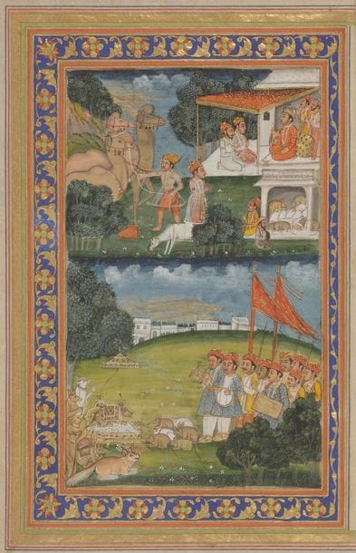L’Entête concerne les lots 135, 136, 137 et 138

Quatre peintures illustrant un manuscrit, roman mystique et amoureux, Inde du Nord, Bengale, XIXe siècle
Quatre peintures en pleine page sans texte au dos, à marges unies crème et encadrement de rinceaux floraux sur fond bleu. Un texte dactylographié au dos indique que ces pages illustreraient un shahnameh de Firdousi, daté de 1210 H. / 1793. Le style de ces peintures est à rapprocher d’un groupe de peintures attribuées à l’Inde du Nord, provenant de la succession Vassal, voir la vente de Me F. de Ricqlès, Paris, Hôtel Drouot, 14 avril 1994, n° 322.
Provenance : ancienne étiquette de la galerie Soustiel.

Four illustrations possibly from a Shahnama of Firdawsi, East India, Bengal, 19th century


- Dans un paysage, deux scènes se superposent. En haut, deux hommes rendent visite à un prince assis sur la terrasse d’un pavillon sous un dais, installé près d’un temple où des rats mangent des offrandes. Au premier plan des musiciens jouent devant un trône où se tient un roi rat entouré de rats debouts.
Dim. page : 27 x 16 cm 