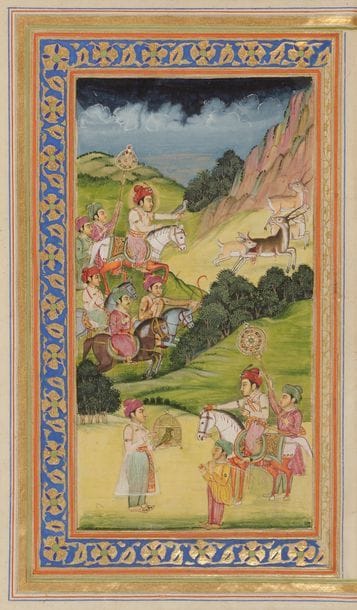 Voir l’entête lot 135

- Dans un paysage montagneux, un homme présente un perroquet à un roi à cheval au premier plan, tandis qu’en arrière-plan ce roi, dit Behram Gur, un faucon au poignet, chasse des gazelles.
Dim. page : 27 x 16 cm
État : petite déchirure à la marge, attaquée par l’argent. 