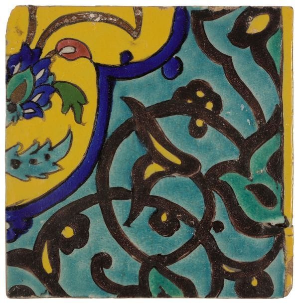 Deux carreaux de revêtement en céramique, Iran, XIXe siècle, et France, T. DECK, fin XIXe - déb. XXe siècle
Le premier à décor dit ligne noire d’une partie de composition d’arabesques sur fond vert turquoise et jaune, le second à décor polychrome sur fond blanc d’un fleuron orientalisant ottoman formé de palmes.
Dim. : 19,5 x 19,5 et 28,5 x 28 cm

Two pottery tiles, Iran and France, Theodore Deck, late 19th/early 20th century