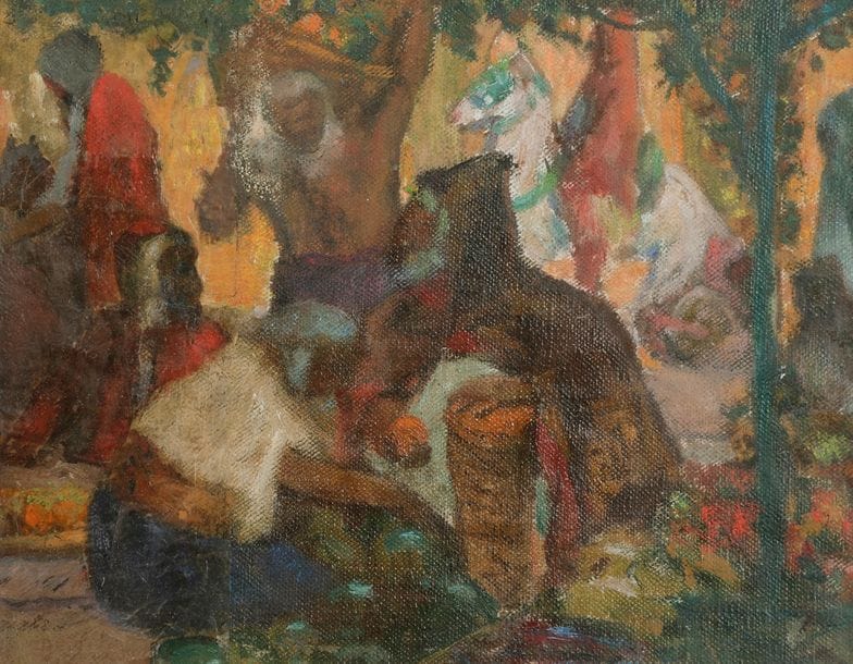 Louis François CABANES (1867-1947)
Marché oriental
Huile sur toile montée sur carton.
Signée et dédicacée au dos.
19,5 x 27 cm