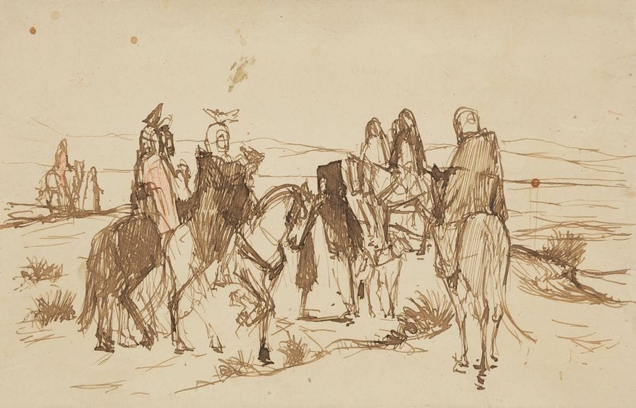Louis François CABANES (1867-1947)
Fauconniers à cheval
Encre de Chine et crayon de couleurs.
Signée et dédicacé en bas à droite sur le montage.
14 x 21 cm