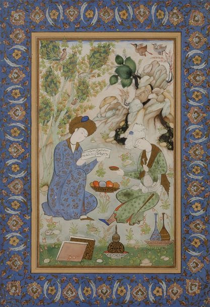 Deux jeunes Safavides dans un paysage montagneux, Iran Qajar ou Pahlavi, XXe siècle
Grande gouache sur page cartonnée à marges enluminées. Un jeune homme donne à boire tandis que le second lit un texte. Dans un cartouche en bas à gauche, signature reprise d’un artiste.
Dim. page : 47,5 x 37 cm ; dim. miniature : 28 x 17,5 cm

Two Safavid youths in a moutain landscape, Qajar or Pahlavi Iran, 20th century