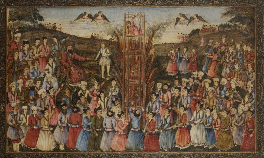 Episode du roman, suz o godaz, brûler et fondre, du poète No'i Khabushâni, peint en polychromie et laqué sur carton, Iran, fin du XIXe siècle 

Texte mis en vers au commencement du XVIIe siècle par ordre du prince Dâniyal, fils de l'empereur moghol Akbar. Le roi demande à son fils de dissuader une jeune femme qui venait de se marier de se faire brûler sur le bûcher en même temps que son mari qui vient de mourir. Impuissant, il contemple la scène. Le thème apprécié en Iran, est peint sur l'un des murs du Palais de Chehel Sotun à Ispahan.  
Avec cadre. 
Dim. panneau. : 40,5cm x 66 cm

Episode of the suz o godaz by No'i Khabushâni, Iran, end of 19th century
 