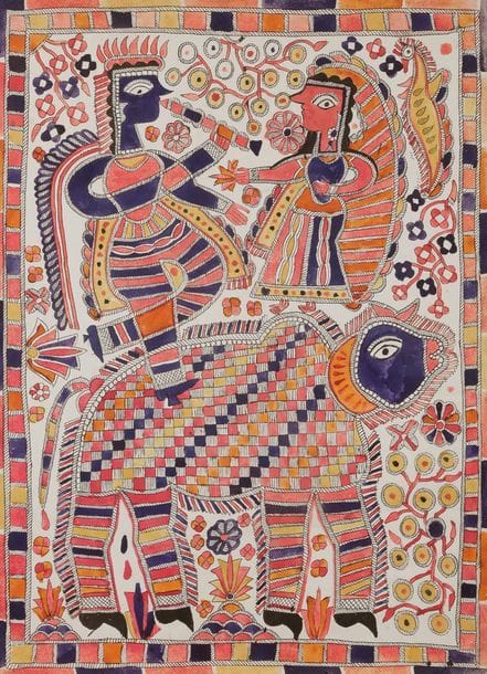 Voir l’entête lot 255

5 peintures :
- Krishna jouant de la flûte et couples de gopis et de gopins, vachers, gardiens de vaches sacrées. Décor végétal luxuriant. Style kachni.
- Séries de personnages féminins et masculins, alternés, placés dans des losanges, selon un alignement vertical. Certains des personnages de petite taille évoquent des enfants, apparentant l’ensemble à la représentation de groupes familiaux, et de motifs de fertilité. Présence de fleurs de lotus couramment associées à la fertilité, en raison de leur caractère proliférant. Grande originalité du motif. Style kachni.
- Hanuman, tenant à la main droite une énorme massue d’or (gadha), symbole de bravoure, soulevant une montagne de la main gauche. Il est entouré de motifs végétaux. Utilisation de pigments de holi. Style bharni.
- Scène bucolique, Krishna, le vacher, avec sa flûte, entouré de trois gopis. Abondance de motifs végétaux et floraux. Style kachni.
- Radha et Krishna, avec une vache. Style bharni. Au dos, en devanagari, signature de l’artiste : « Jagdamba Devi ». Style distinctif de la célèbre artiste maithilie, la première à être récompensée d’un prix national par le président indien en 1970. Mention « A+ ». Cette lettre se réfère très probablement au système d’évaluation évoqué précédemment.

A collection of five watercolours from the Madhubani Mithila, Bihar, north India, circa 1970