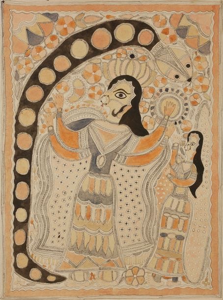 Voir l’entête lot 255

5 peintures :
- Kohbar ghar à six feuilles de lotus avec des visages et une tige de bambou, entouré de serpents (symboles nuptiaux protecteurs), d’un poisson (symbole de fécondité) et d’un perroquet (latpatia suga, souvent face à face), qualifiés d’oiseaux de l’amour. En bas à gauche : la mariée et le marié sont décrits dans un palanquin (doli). En haut à droite : le ban, ou bosquet de bambou, représentant l’équivalent masculin du kohbhar, soit une énergie régénératrice ; Surya (soleil) et Chandra (lune) ; en bas à droite : Shiva sur son véhicule Nandi, accompagnée de Parvati ou encore Krishna et Radha comme représentation du couple idéal. En bas, le pan ke ghar : littéralement, la « maison de feuilles ». Le motif représente une structure de bambou recouverte de feuilles grimpantes de bétel, fréquemment cultivées près d’étangs. Il peut s’agir aussi du patia, une épaisse natte tissée de mothi, un roseau proliférant dans les étangs et les fossés au Mithila. A l’occasion du chaturthi, ou consommation du mariage, les mariés passent la nuit sur un patia. Acheté au Bihar Art House (tampon). Style kachni noir.
- Les trois déesses du Tridevi, manifestations de la Déesse ou divinité suprême (Devi), équivalent du Trimurti. De gauche à droite : Saraswati, sur son vahana, un perroquet (ou un cygne), jouant de la vînâ et tenant un chapelet et un livre (probablement les Vedas) ; Parvati, aussi appelée Gauri (la Blanche) sur un lion ; Lakshmi, assise sur son symbole, un lotus. Deux paons, en haut à gauche et à droite, animaux symboliquement associés respectivement à Saraswati et à Lakshmi. Style kachni.
- Représentation de Bihula ou de dévotes maithilies lors de la fête des serpents, le jour de Naga Panchami. En effet, en Inde, le cinquième jour du mois lunaire de Sravana (juillet / août), le jour du serpent, est célébré par les femmes. Elles font des offrandes de grains frits et de lait. Des images de cobras (naga) aux vertus protectrices, so
