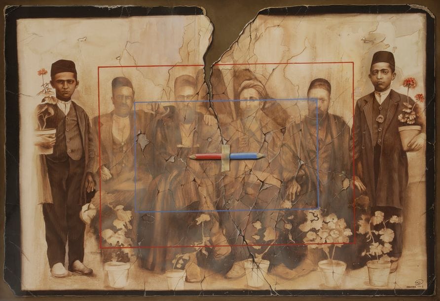 Hojat SHAKIBA (né en 1949)
Photo de famille, 1978
Gouache en trompe l’œil.
Signée et datée en bas à droite.
69 x 99 cm