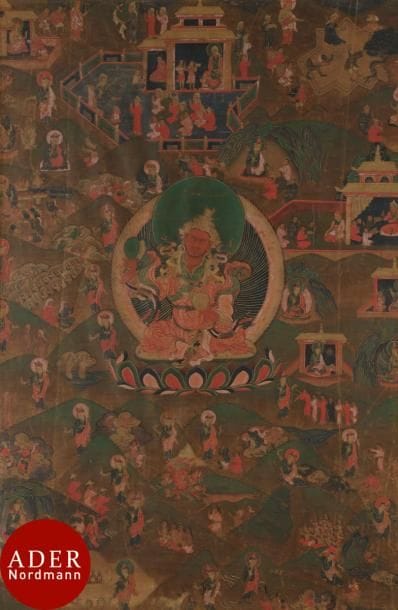 TIBET - XVIIIe siècle
Tangka, détrempe sur toile. Padmasambhava sous la forme de Pema Gyalpo assis sur le lotus tenant dans sa main droite le damaru, et l’adarsha de la main gauche, entouré de scènes de son existence. (Légères usures).
Dim. : 85 x 59 cm ; encadré sous verre.
