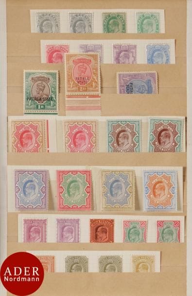 INDE anglaise
Très bon lot, dont série 57 à 73.
Service n°39 à 51, 54 à 66, surchargés IEF et CEF, bureaux anglais Chine et après indépendance Gandhi ; n°3, n°4 (2 ex.) et n°6, 10 roupies (3 exemplaires), franchises, services, surchargés Patiala. Lettre de Jal Cooper (expert philatélique spécialisé sur Inde). Ensemble à étudier absolument, très amusant.