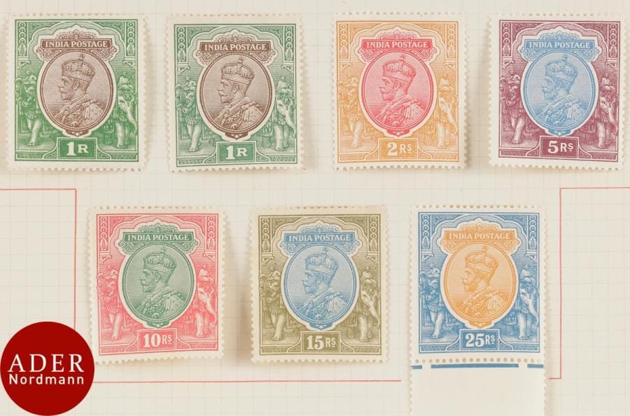 INDE
Beau n°121 à 126, série 1 roupie à 25 roupies Georges V
Neuf*, filigrane étoile multiple. 