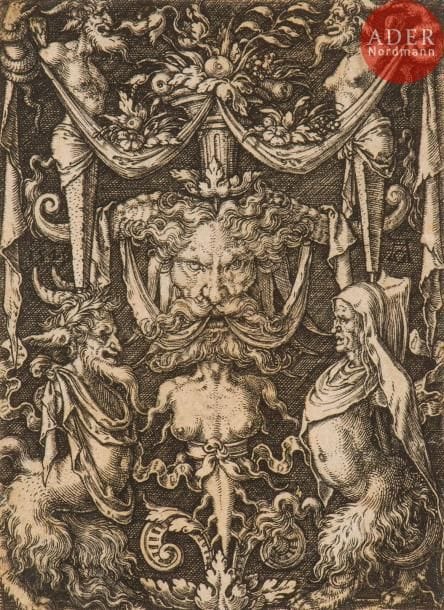 Heinrich Aldegrever (1502-c. 1560)
Ornements avec feuillages et grotesques ; Dessin d’un agrafe d’orfèvrerie pour un ceinturon ; Dessin pour un bout de fourreau de sabre. 1527-1549. Burin. Formats divers. Bartsch 246, 263, 264 et 274. Bonnes ou belles épreuves, la 1re en tirage tardif, la dernière doublée sur vélin, rognées au sujet ou au coup de planche. Joint : autre ornement gravé par un anonyme. Ens. 5 p.