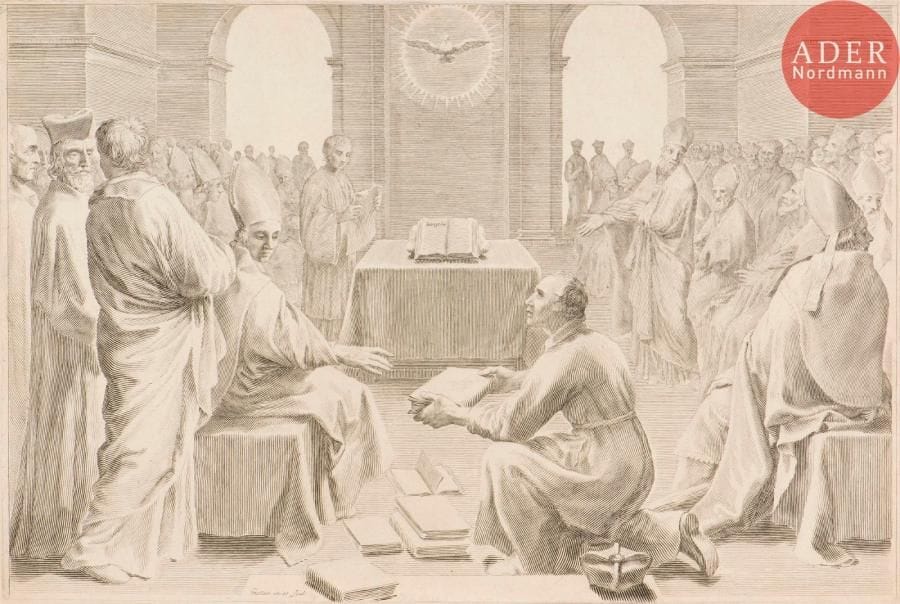Claude Mellan (1598-1688)
Un concile. 1665. Burin. 440 x 290. Préaud 120. Très belle et rare épreuve du 1er état (sur 3), avant les nouvelles tailles sur les arcades et avant le texte sur la banderole en pied au centre, rognée sur le coup de planche et remargée. Trace de pli oblique dans l’angle supérieur droit et pli de séchage vertical médian au verso.
