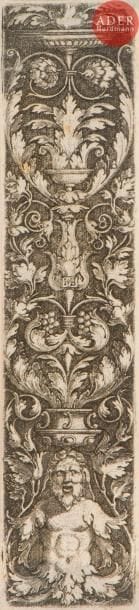 Hans Sebald Beham (1500-1550)
Montants d’ornements. 1524 et 1526. Burin. 22 x 106 et 200 x 132. Bartsch 244 et 246. Belles épreuves rognées au coup de planche. Petite tache brune au centre au verso à la 1re. Petit manque en tête à la 2e. Traces de colle en pied au verso aux 2 pl. Ens. 2 p.