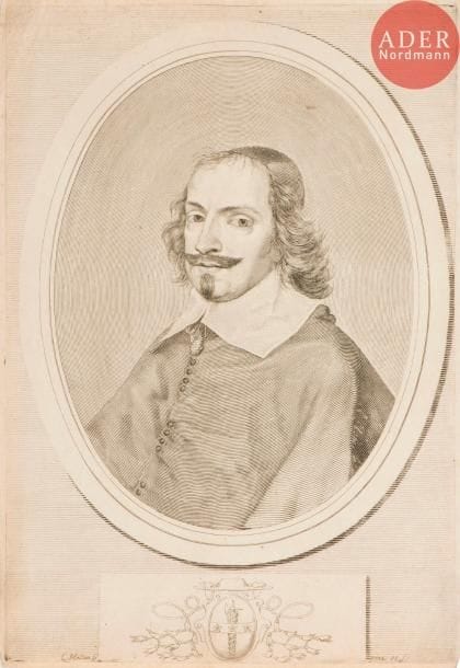 Claude Mellan (1598-1688)
Le Cardinal Jules Mazarin. 1661. Burin. 235 x 345. Préaud 170. Très belle épreuve du 1er état (sur 2), avant réduction du cuivre et avant la lettre. Traces de plis. Courte déchirure au bord gauche. Traces de colle dans les angles au verso.