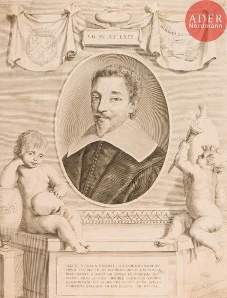 Claude Mellan (1598-1688)
Jean Habert de Montmor. Burin. 233 x 305. Préaud 180. Bonne épreuve accidentée, rognée au sujet, avec restaurations anciennes.