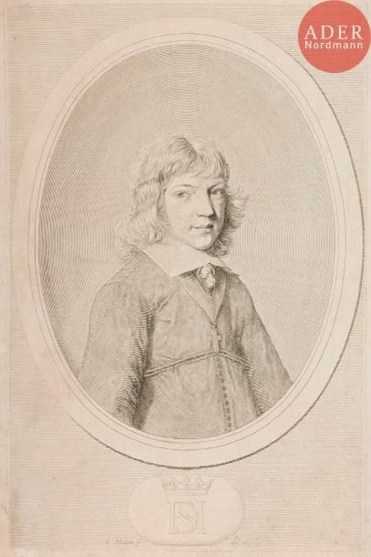 Claude Mellan (1598-1688)
Henri II de Savoie, duc de Nemours. Burin. 230 x 350. Préaud 182. Bonne épreuve anciennement lavée, avec restaurations au verso, du 1er état (sur 3), avant toute adresse d’éditeur. Marges étroites.