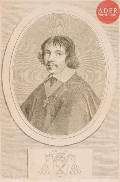 Claude Mellan (1598-1688)
Jean-François-Paul de Gondi, cardinal de Retz. Burin. 226 x 345. Préaud 190. Bonne épreuve. Inscription à la plume et à l’encre sépia en marge inférieure. Petites restaurations anciennes et épidermures visibles au verso. L’angle inférieur gauche refait. Pli vertical médian frotté en travers du feuillet. Petites marges non homogènes.