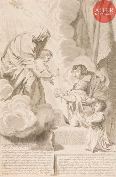 Claude Mellan (1598-1688)
Allégorie en l’honneur d’Anne d’Autriche. Après 1643. Burin. 288 x 435. Préaud 250. Très belle épreuve rognée au sujet. Traces de plis souples.