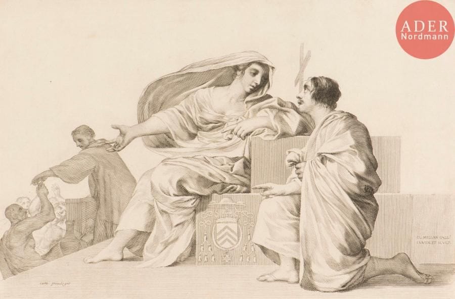 Claude Mellan (1598-1688)
Allégorie sur la Charité (?) Burin. 440 x 290. Préaud 255. Très belle et fraîche épreuve, du 1er état (sur 2), avant effaçage des armoiries. Belles marges.