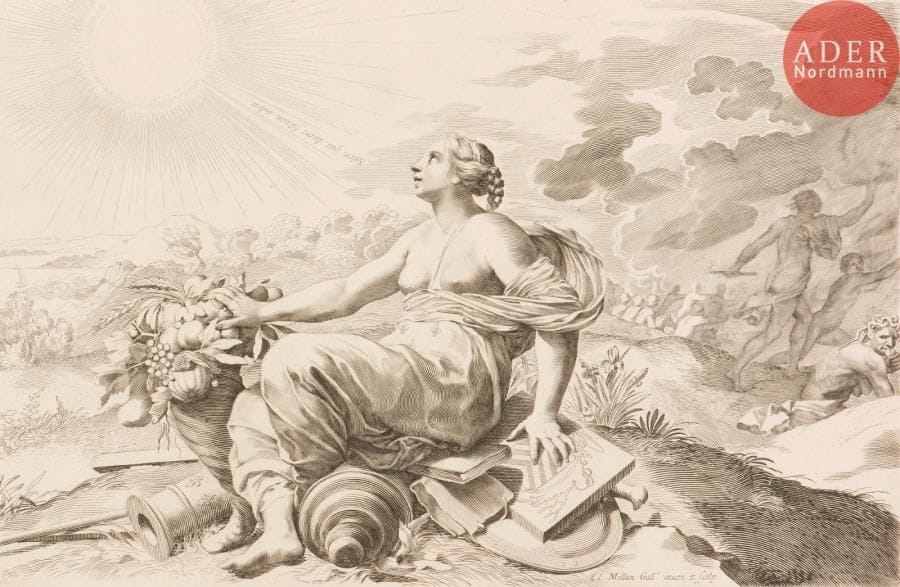 Claude Mellan (1598-1688)
Allégorie sur la Paix. Burin. 440 x 288. Préaud 269. Très belle et fraîche épreuve. Infimes taches claires rousses dans l’angle inférieur droit du feuillet. Petite reste de papier collé en pied au verso. Toutes marges.