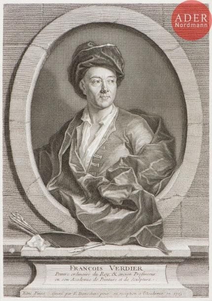Étienne Jahandier Desrochers (1668-1741)
François Verdier, peintre ordinaire du Roy, & ancien Professeur en son Académie de Peinture et de Sculpture. 1723. Eau-forte et burin d’après J. Ranc. 258 x 360. I.F.F. 597 ; W. McAllister Johnson 25. Belle épreuve soigneusement lavée. Petites épidermures dans deux angles au verso. Très claires traces de taches marginales. Petites marges. 

Il s’agit du morceau dit « de réception » gravé par Desrochers pour son entrée à l’Académie – tremplin permettant généralement au graveur de débuter une belle carrière comme « graveur du Roi ».
« Dans les trois catégories admises – les sujets d’histoire, les portraits des grands fonctionnaires qui régissaient l’Académie, et ceux des peintres et sculpteurs qui en assuraient la réputation – le graveur avait à transposer à partir d’une peinture, à en réduire l’échelle et se soumettre au format « œil-de-boeuf » réglé par la Compagnie en 1704. (…) Le coût d’une réception de graveur (deux planches et cent épreuves à distribuer aux Académiciens) était considérable puisque l’intéressé ne tirait aucun profit de son travail. » (W. McAllister Johnson, M. Préaud, Les Morceaux de réception des graveurs à l’Académie royale des beaux-arts : 1655-1789…, cat. d’exposition, Paris, Musées de la SEITA et BNF, 1982, préface).