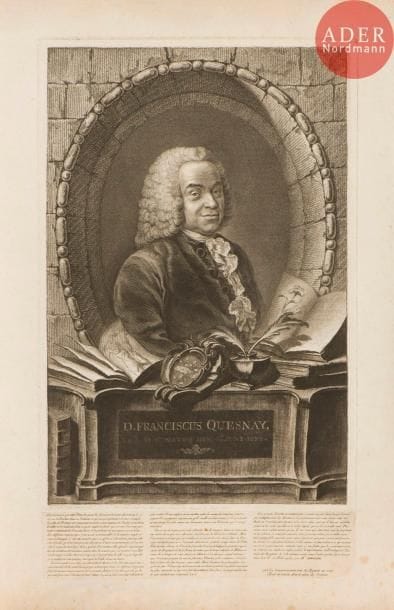 Jean-Charles François (1717-1769)
Portrait de François Quesnay. 1767. Gravure en manière de crayon d’après Frédou. 278 x 425 (avec la tablette 474). Très belle épreuve et intéressante épreuve, les noms des artistes à la pointe, avec son bandeau typographié collé en pied, chevauchant le coup de planche inférieur. Quelques légères rousseurs et empoussiérage. Petites traces de frottement en surface. Toutes marges. 

J.-C. François fut l’inventeur d’une technique de gravure visant à rendre l’effet du dessin et préfigurant l’aquatinte, réalisée au moyen de divers outils (aiguilles, roulette) ainsi que du vernis mou. Le bandeau explicatif dont il est l’auteur expose la simplicité de sa technique qu’il présenta à l’Académie : « On remarque sur cette Planche, pour la Gravure, la même diversité qu’il y a pour la Peinture dans un Tableau, ce qui jusqu’à présent est sans exemple. La tête du Portrait est comme une manière noire rengraissée ; l’habit est au burin ; le cadre et le fond sont d’un crayon simple ; les livres qui servent d’accompagnement contiennent des Desseins lavés, et le piédestal est au crayon noir et blanc. Les différens crayons qui s’y trouvent sont travaillés de la manière simple et sans méchanique. C’est cette manière que j’ai offerte à l’Académie, parce qu’elle est si facile qu’il ne faut pas plus de peine ni d’autre mouvement que si l’on dessinoit : ce qui la rend digne de nos grands Dessinateurs. »