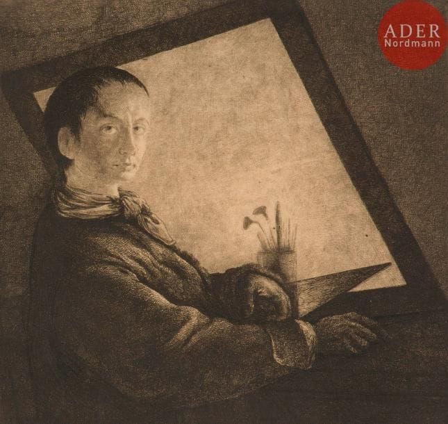 Jean-Pierre Norblin de la Gourdaine (1745-1830)
Autoportrait à sa table de travail. Vers 1775-1780. Eau-forte. 145 x 135. Hillemacher 1. Belle épreuve sur vélin fort crème, collée par les angles sur vélin mince, avec forte oxydation de la colle visible au recto. Petites marges.