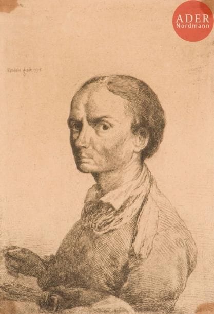 Jean-Pierre Norblin de la Gourdaine (1745-1830)
Autoportrait à la palette et au pinceau. 1778. Eau-forte. 105 x 153. Hillemacher 2. Belle épreuve sur vélin fort crème, collée par les angles sur vélin mince, avec forte oxydation de la colle visible au recto. Petites marges.