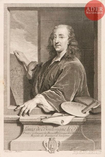 Louis Surugue (c. 1686-1762)
Louis de Boulongne le Père, Peintre ordinaire du Roy, et Professeur de l’Académie Royale de Peinture et Sculpture. 1735. Eau-forte et burin d’après A. Mathieu. 251 x 381. Le Blanc 2 ; W. McAllister Johnson 35. Belle épreuve rognée sur le coup de planche en tête et en pied, collée par trois angles sur vélin. Petites taches et épidermures au bord du sujet à gauche. Marges étroites sur deux côtés.

Il s’agit du « morceau de réception » du graveur fourni pour son entrée à l’Académie. Cf. n° 129, note.