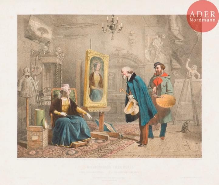 Jacques-Louis Henri Le Secq des Tournelles (1818-1882) (d’après)
Un monsieur très poli. (Pl. pour Le Musée des Rieurs). 1850. Lithographie par Jacott. 470 x 368. Très belle épreuve sur vélin blanc, tirée avec pierre de teinte, largement rehaussée à la gouache. Rousseurs claires éparses. Toutes marges. Timbre sec : Goupil & Cie (Lugt 1090).