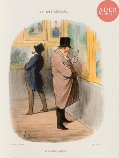 Honoré Daumier (1808-1879)
Pl. des séries Fantaisies, Actualités, Les Bons bourgeois, Les Beaux jours de la vie. 1840-1847. Lithographie. Feuillets : 360 x 270 env. Delteil 502, 719, 988, 1102, 1175, 1188, 1472, 1536, 1538 (2 épr.), 1542, 1556. Belles épreuves sur blanc. Une épreuve de D. 1538 avant la lettre, cette dernière ajoutée à l’encre sépia (très passée). D. 1542 en coloris du temps. Quelques traces d’oxydation ou de colle, rousseurs, plis ou menus accidents. Bonnes marges. Timbres des collections G. Cognacq (Lugt 538d), R. Gaston-Dreyfus (Lugt non décrit) ou H.-M. Petiet (Lugt 5031) à certaines pl. Ens. 12 p.