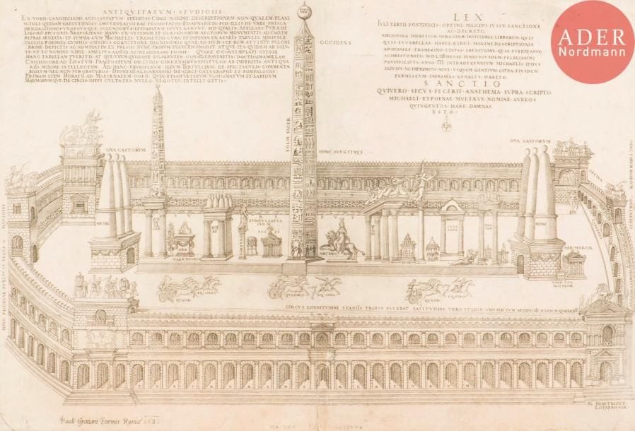 Nicolas Béatrizet (1515-après 1565)
Vue du cirque flaminien. 1582. Eau-forte d’après P. Ligorio. 565 x 385. Robert-Dumesnil 110. Bonne épreuve à l’adresse de P. Gratiani, rognée sur le coup de planche. Plis marqués au verso avec petits trous aux intersections. Plusieurs accidents et déchirures anciennement restaurés au verso, notamment le long du pli de séchage vertical médian.