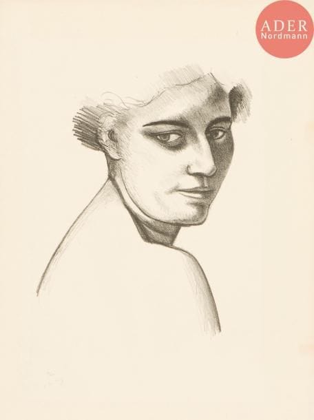 André Derain (1880-1954)
Femme de trois-quarts à droite. (Pl. pour Métamorphoses, éd. des Quatre Chemins). 1927. Lithographie. 245 x 320. Adhémar 71-4. Très belle épreuve sur vélin, numérotée et signée au crayon. L’indentation de la pierre très visible. Très fine bande d’oxydation en tête du feuillet. Toutes marges. Tirage à 100 épreuves.